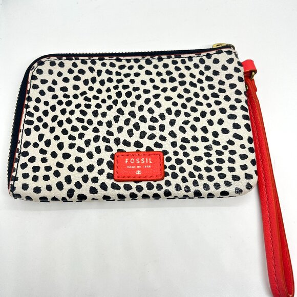 3/$30 FOSSIL DOT PRINT PATTERN WRISTLET WALLET CREAM BLACK HOT PINK PLEATHER - Picture 1 of 16